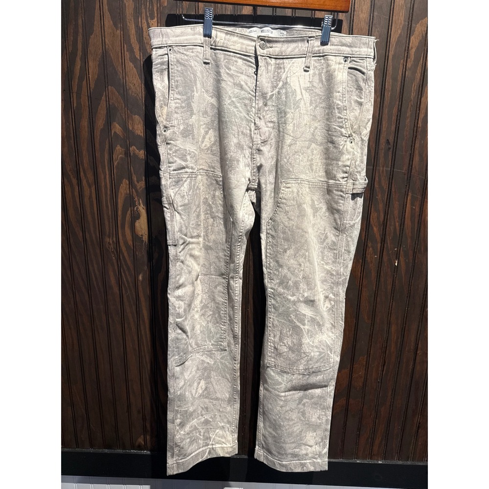 Hollister Mens Epic Flex Carpenter Pants Grey Leaf Camo Double Knee 36x30